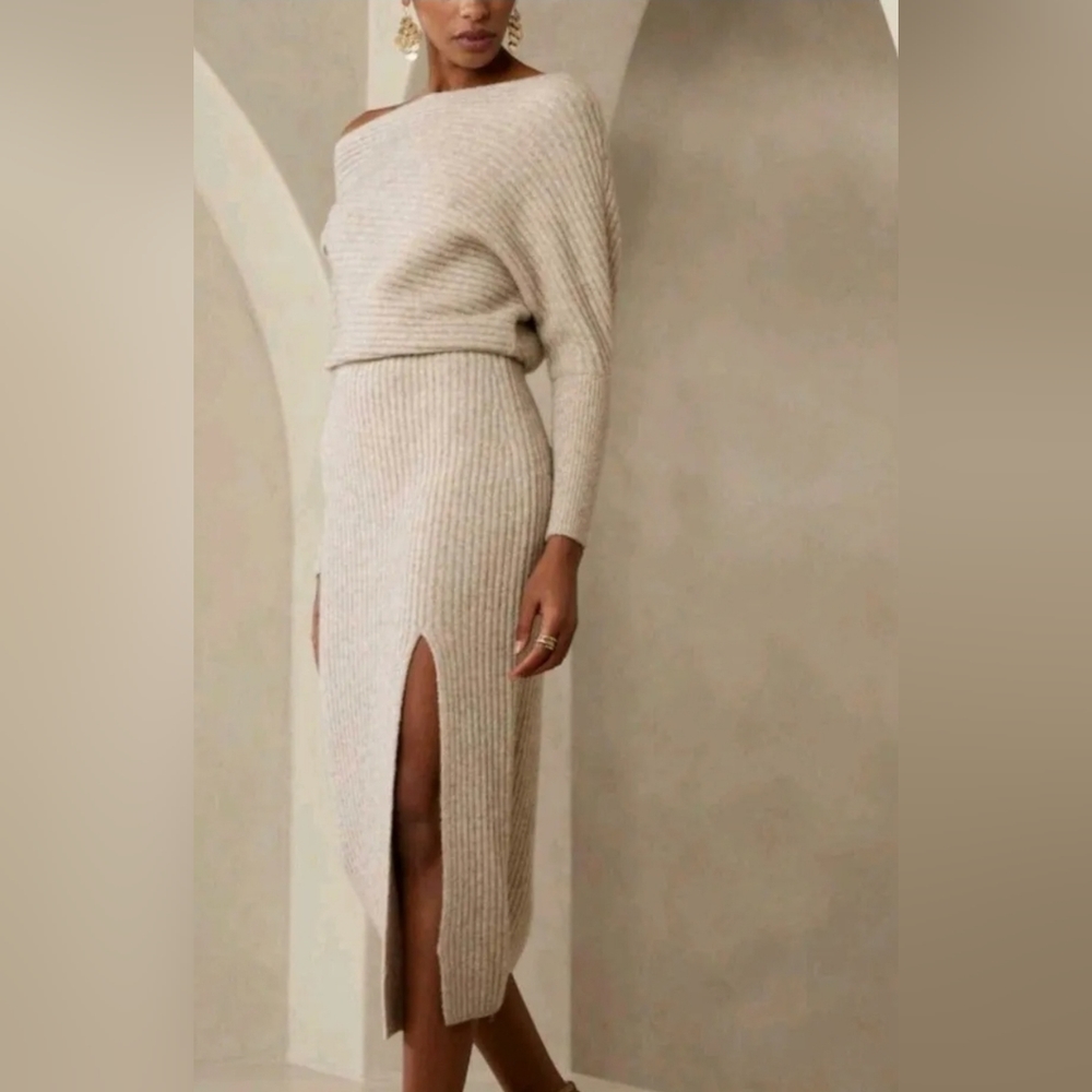 NWT BANANA REPUBLIC Colleta Soft Wool Yak Hair Midi Sweater Dress XL Side Slit - Picture 3 of 11